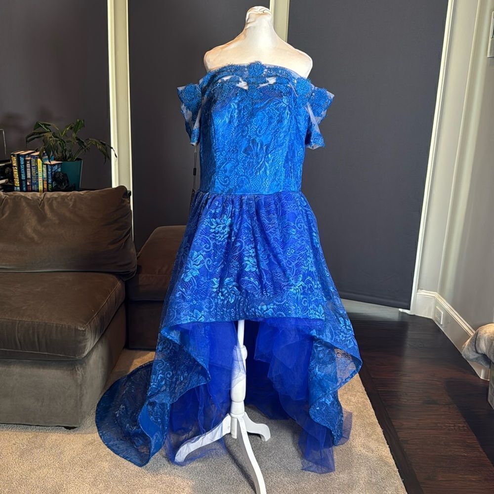 Women’s Blue High Low Off the Shoulder Party Dress Corset Back Size 18 NEW